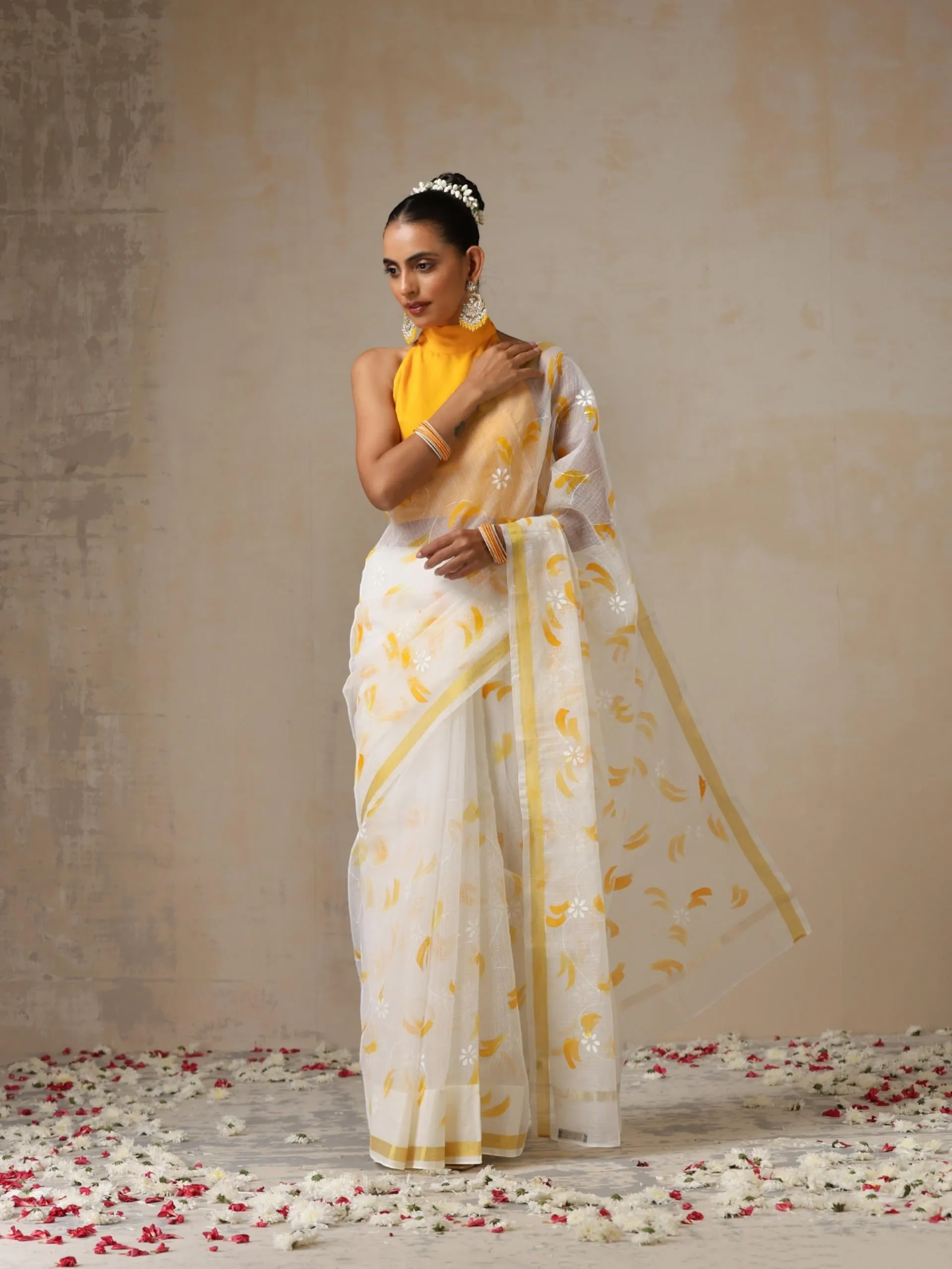 White Hand Painted Kota Saree with Blouse Fabric