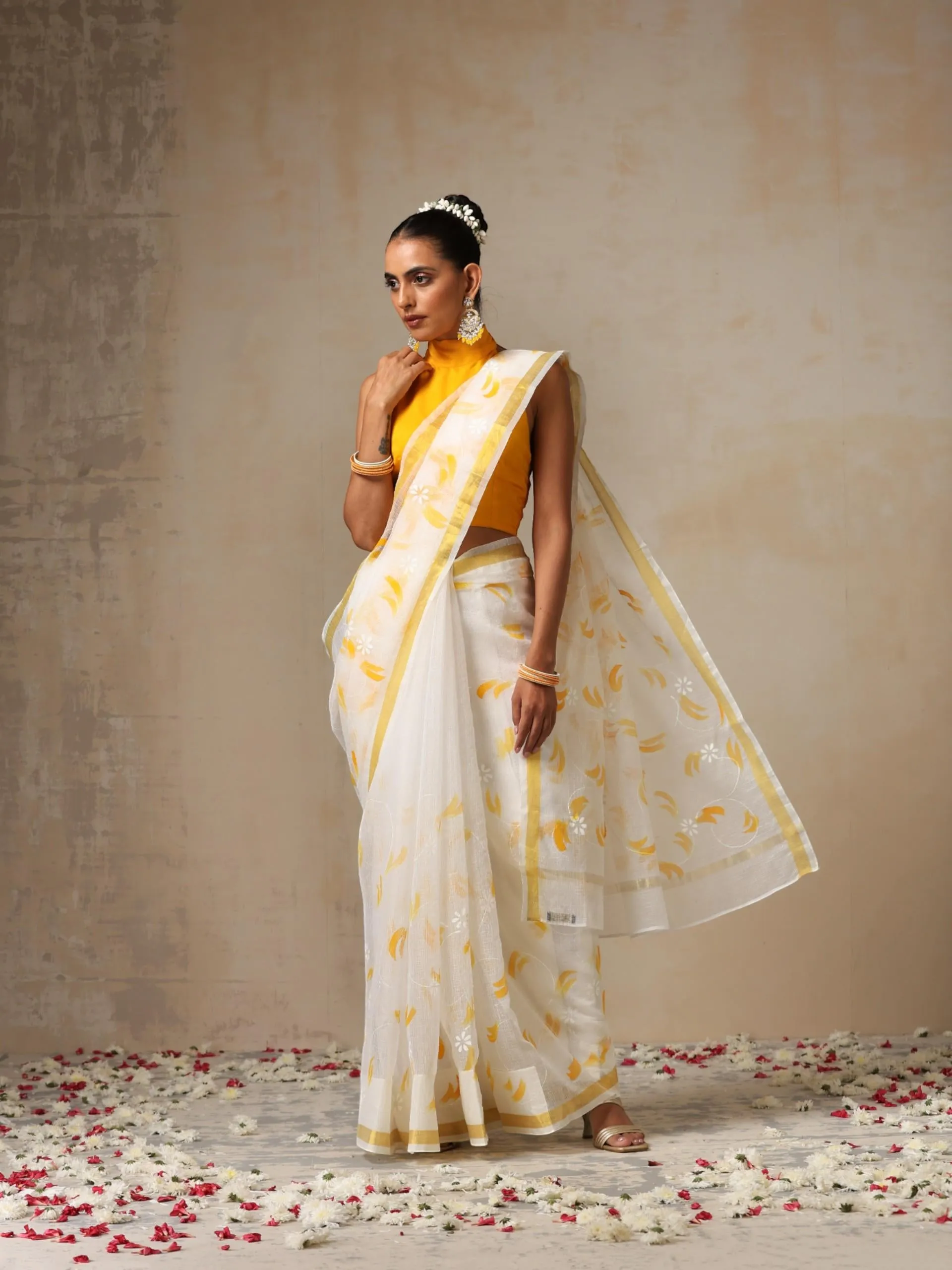 White Hand Painted Kota Saree with Blouse Fabric