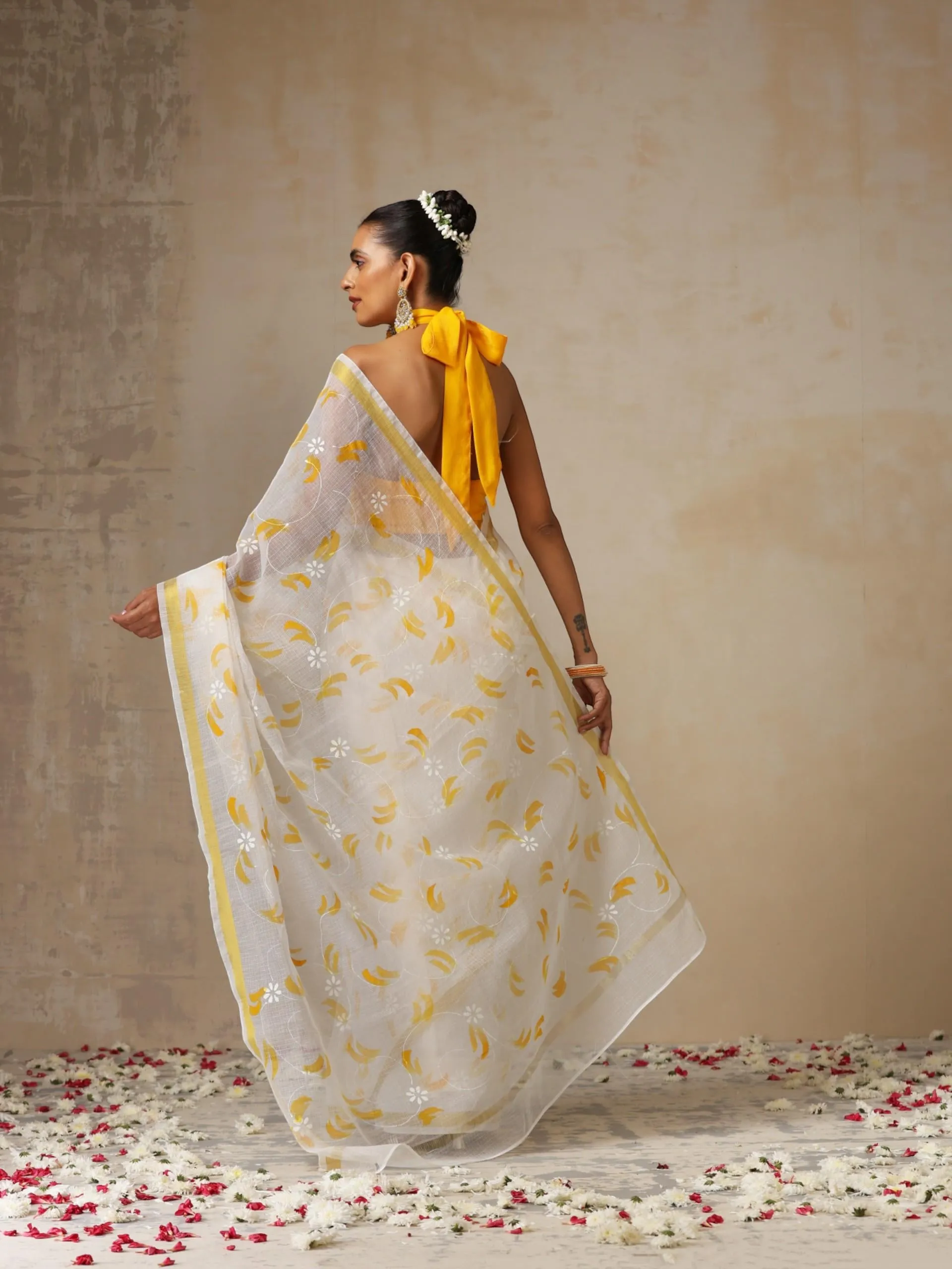 White Hand Painted Kota Saree with Blouse Fabric