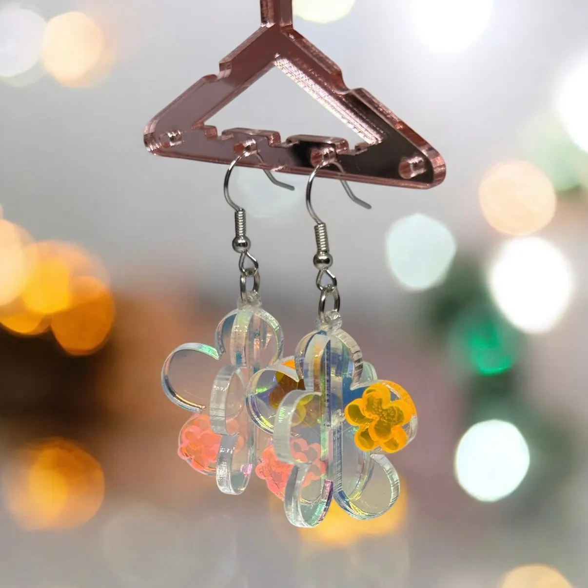 Y2K - 3D flower earrings | fun floral earrings | colourful clear iridescent dangle oversize earrings | hologram fun earrings