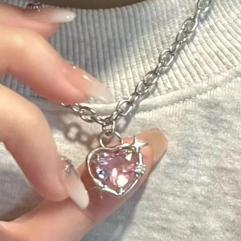 Y2K Accessories Fashion Peach Heart Water Drop Pendant Necklace Pink Crystal Egirl Sweet Cool Clavicle Chain Aesthetic Jewelry