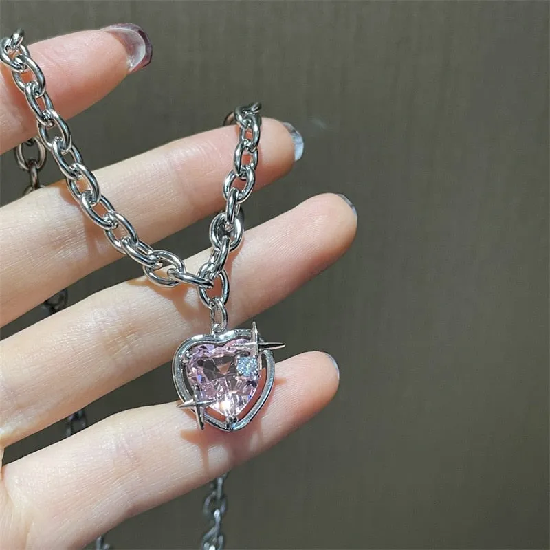 Y2K Accessories Fashion Peach Heart Water Drop Pendant Necklace Pink Crystal Egirl Sweet Cool Clavicle Chain Aesthetic Jewelry